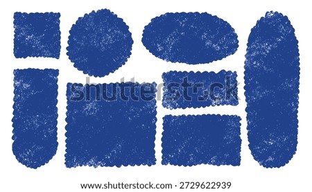 Set of paper torn. Blue and white rough chalk texture square border. Jagged rectangle ripped old papers silhouette. Headline, grunge header background. round vintage frame. Scratched vintage frame

