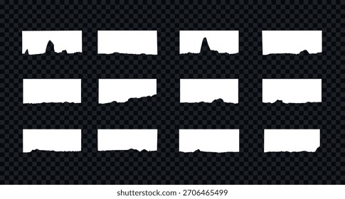Conjunto de papel con borde roto. Varias hojas rectangulares blancas con bordes rasgados