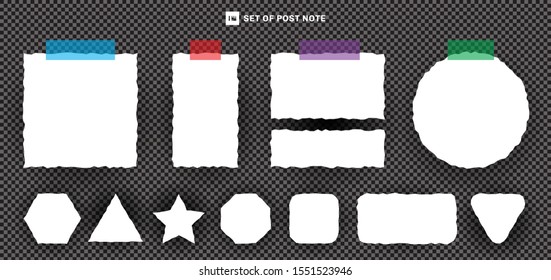 Set of paper torn sheets with tape on transparent background. Vector illustration