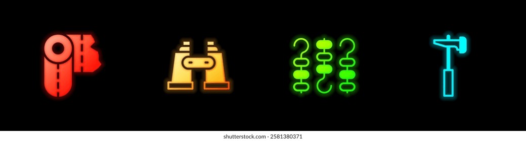 Set Paper towel roll, Binoculars, Grilled shish kebab on skewer and Hammer icon. Vector