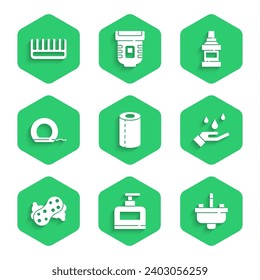 Ponga el rollo de toallas de papel, Botella de champú, Lavabo con grifo de agua, Jabón de manos de lavado, Esponja, Piso dental, Botella de lavado de boquilla e icono de pincel de pelo. Vector
