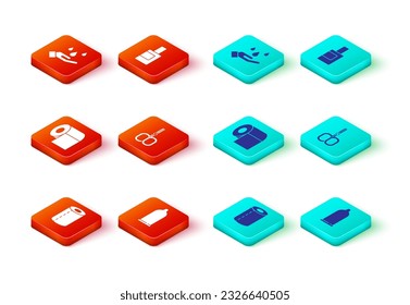 Ponga el rollo de toallas de papel, el condón, papel higiénico, tijeras de uñas, frasco para agente de limpieza y las manos de lavado con icono de jabón. Vector