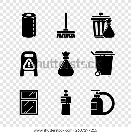 Set Paper towel roll, Handle broom, Trash can garbage bag, Cleaning service for windows, Dishwashing liquid bottle, plate, Wet floor cleaning progress and Garbage icon. Vector