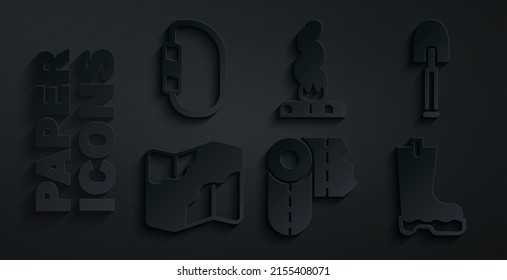 Set Paper towel roll, Shovel, Camping and hiking on map, Waterproof rubber boot, Campfire and Carabiner icon. Vector