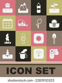 Set Paper towel roll, Shovel, Sunrise, Bottle of water, Rv Camping trailer, Calendar, Barbecue grill and Marshmallow on stick icon. Vector