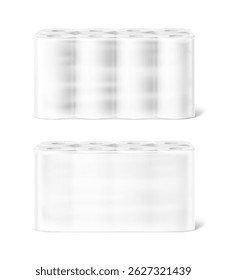 Set of paper towels, rolls in film mockup. Vector illustration isolated on white background. Can be use for template your design, presentation, promo, ad. EPS10.