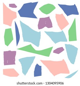 Set paper various scraps of isolated forms and colors. Fashionable graphic design for poster, postcard, invitation, brochure or header. Congratulations, anniversary, birthday, thank you. Vector.