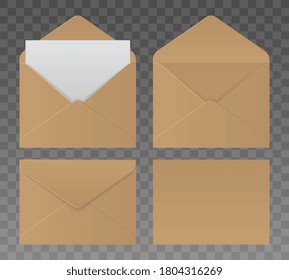Set of paper vector envelopes in different views, isolated on transparent background. Realistic brown vector envelope mockups.