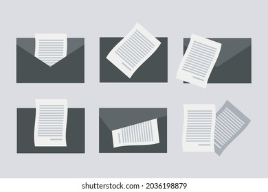 Conjunto de sobres vectoriales de papel con papel de letra en diferentes vistas, aislados en un fondo blanco. Símbolos reales de sobre vectores negros. 
