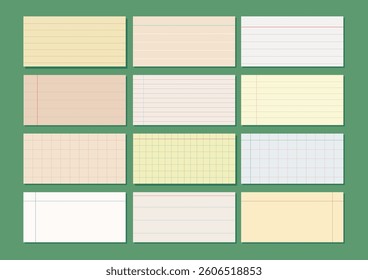 Set of paper from a workbook. Vector pads, paper sheets with lines and squares for memos. Vector illustration.