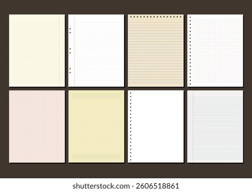 Set of paper from a workbook. Vector pads, paper sheets with lines and squares for memos. Vector illustration.