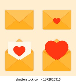 Set of paper yellow love envelopes with red hearts. Valentine's Day greetings in the open and closed envelopes. Romantic icons. Flat style vector illustration.