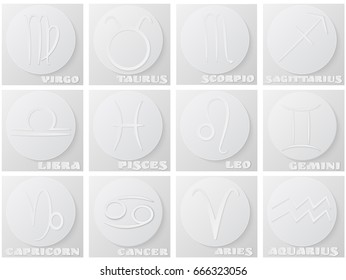 Set of paper zodiac symbols, white icons with shadow on the round paper. Vector illustration