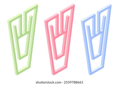 Set of paperclips - hand drawn isometric vector illustration.