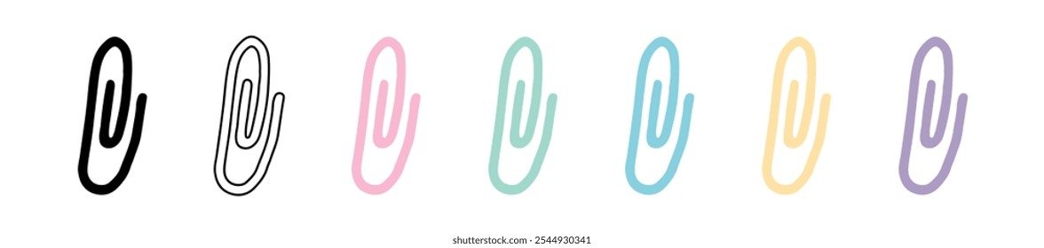 Set of Paperclips Isolated on White Background. Black Silhouette, Outline, Colored versions. Concept of Office Supplies, Minimalist Design, Stationery Essentials, School items. Design elements.