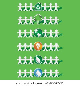 Set of papercut figures holding ecological symbols