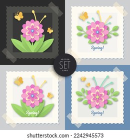 Set of paper-cut flowers and butterflies. Greeting paper card. Vector illustration.