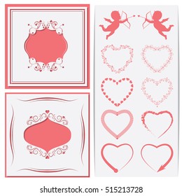 A set of paper-cut framework. Decoration. Can be used for invitations, greeting cards. Set of hearts to cupids, and design. Vector illustration.
