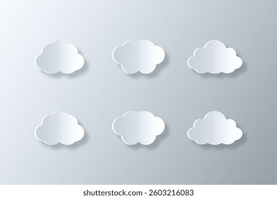 set of papercut style white cloud icons with shadows and highlights