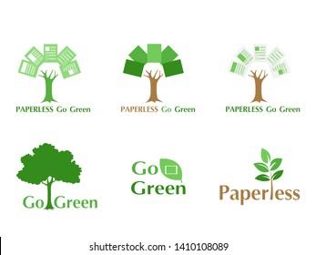 Set Of Paperless LOGO Go Green Concept, Paper Tree, Document Leaf, Save The Planet, Earth, Tree, Leaf Logo Design, Polygonal, Abstract, Flat Vector Style.