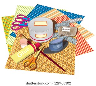 A set of papers and tools for scrapbooking classes.