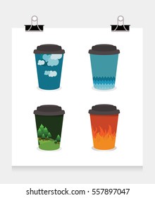 Set of papper coffee icons with water, earth, fire and flame icons