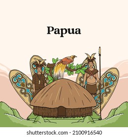 Set papua Illustration. Hand drawn Indonesian cultures background