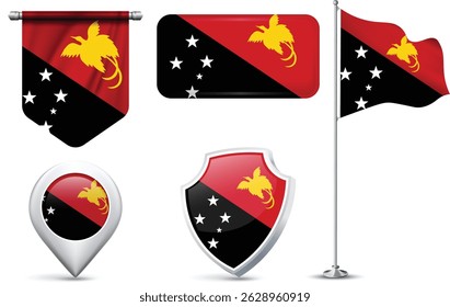 Set of Papua New Guinea Flags in Different Shapes and Styles