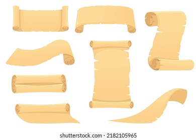 Conjunto de papiro de desplazamiento antiguo o medieval con ilustración vectorial de daño aislada en fondo blanco