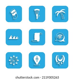 Set Papyrus scroll, Cross ankh, Egyptian necklace, Eye of Horus, Sun, pyramids, Tropical palm tree and Nefertiti icon. Vector