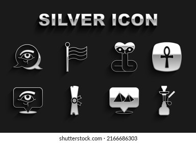 Set Papyrus scroll, Cross ankh, Hookah, Egypt pyramids, Eye of Horus, Snake,  and Flag Of icon. Vector