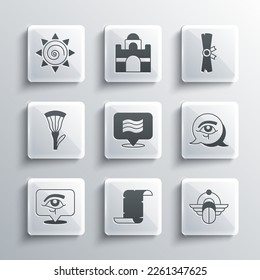 Set Papyrus scroll, Egyptian Scarab, Eye of Horus, Flag Of, lotus, Sun and  icon. Vector