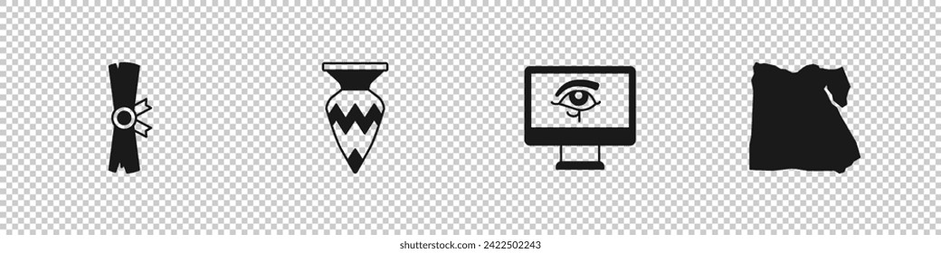 Setzt Papyrus Scroll, ägyptische Vase, Auge von Horus auf Monitor und Karte Symbol. Vektorgrafik