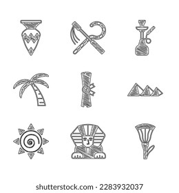 Set Papyrus scroll, Sphinx, Egyptian lotus, pyramids, Sun, Tropical palm tree, Hookah and vase icon. Vector