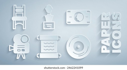 Set Papyrus scroll, Stacks paper money cash, Retro cinema camera, Vinyl disk, Gypsum head sculpture bust and Chair icon. Vector