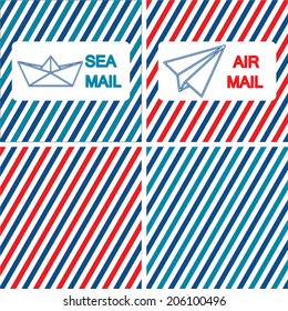 Set of par Avion(or air mail) and sea mail vector illustrations on the striped background