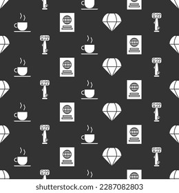 Set Parachute, Aircraft steering helm, Coffee cup and Passport on seamless pattern. Vector
