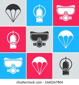 Set Parachute, Aqualung and Diving mask icon. Vector