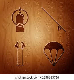 Set Parachute, Aqualung, Ski poles and Surfboard on wooden background. Vector