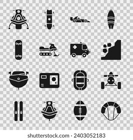 Set Parachute, ATV motorcycle, Landslide, Formula 1 racing car, Snowmobile, Skateboard trick,  and Ambulance emergency icon. Vector