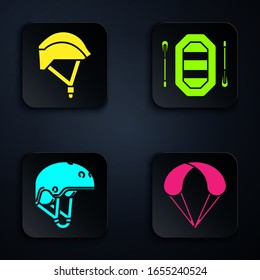 Set Parachute, Bicycle helmet, Helmet and Rafting boat. Black square button. Vector
