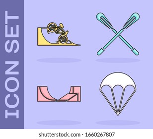 Set Parachute, Bicycle on street ramp, Skate park and Crossed paddle icon. Vector