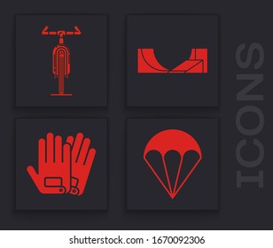 Set Parachute, Bicycle, Skate park and Gloves icon. Vector