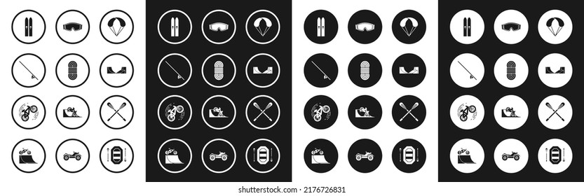 Set Parachute, Climber rope, Surfboard, Ski and sticks, Skate park, goggles, Crossed paddle and Bicycle trick icon. Vector