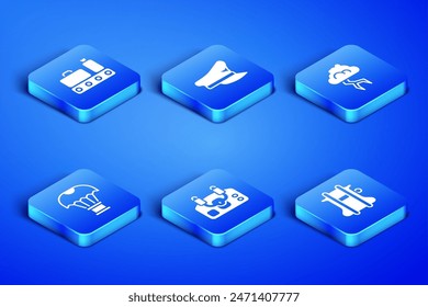 Set Parachute, Conveyor belt with suitcase, Aircraft steering helm, Box flying parachute, Pilot hat and Storm icon. Vector