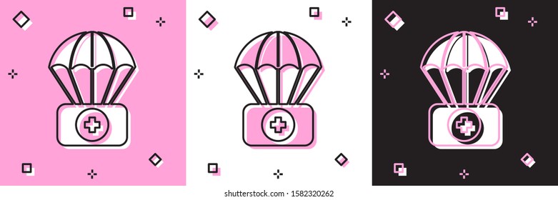 Set Parachute with first aid kit icon isolated on pink and white, black background. Medical insurance.  Vector Illustration