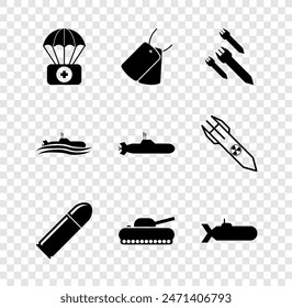 Set Parachute with first aid kit, Military dog tags, Rocket, Bullet, tank, Submarine,  and  icon. Vector