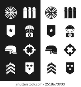 Paracaídas con botiquín de primeros auxilios, Chevron, objetivos de radar, bala, casco militar, deporte objetivo e icono de rango. Vector