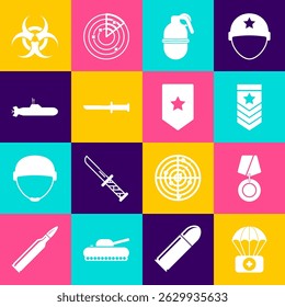 Set Fallschirm mit Erste-Hilfe-Kit, Militärische Belohnungsmedaille, Chevron, Handgranate, Messer, U-Boot, Biohazard Symbol und Symbol. Vektorgrafik