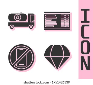 Set Parachute, Fuel tanker truck, No cell phone and Airport board icon. Vector